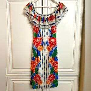 Jealous Tomato Size Medium Ruffled Elastic Neckline Multi Colour Midi Dress
